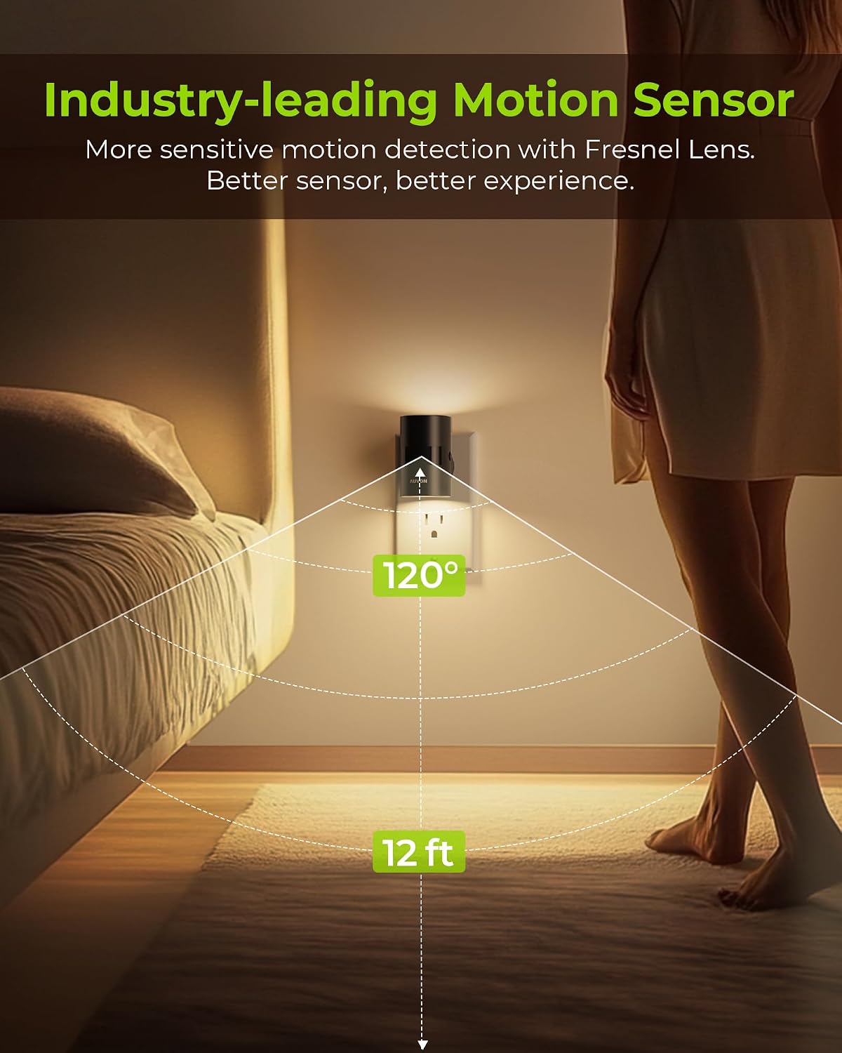 چراغ خواب LED سنسوردار AUVON با سنسور حرکتی و روشن شدن خودکار، نور گرم و تنظیم شدت روشنایی