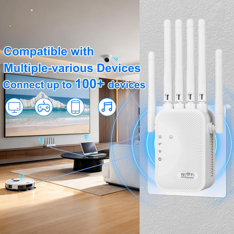ریپیتر و تقویتکننده وایفای Ourlife با سرعت 1200Mbps، آنتن قدرتمند و پوششدهی گسترده با دو باند 2.4GHz و 5GHz، شش آنتن و پورت LAN