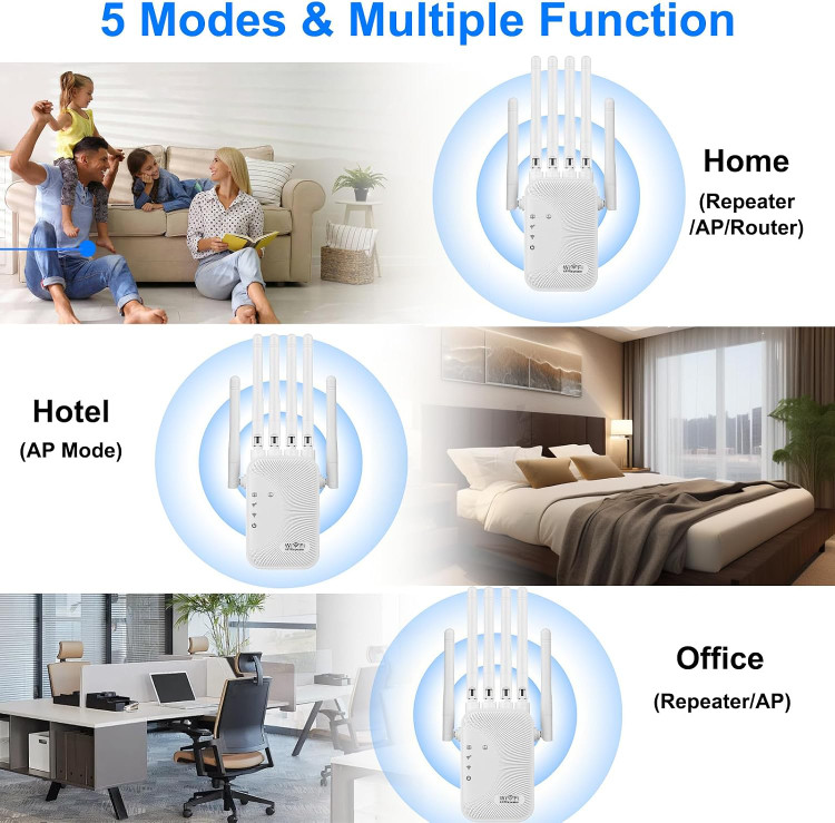 ریپیتر و تقویتکننده وایفای Ourlife با سرعت 1200Mbps، آنتن قدرتمند و پوششدهی گسترده با دو باند 2.4GHz و 5GHz، شش آنتن و پورت LAN