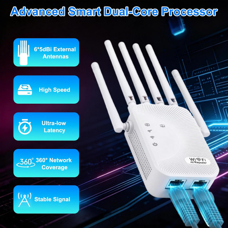 ریپیتر و تقویتکننده وایفای Ourlife با سرعت 1200Mbps، آنتن قدرتمند و پوششدهی گسترده با دو باند 2.4GHz و 5GHz، شش آنتن و پورت LAN