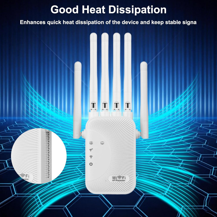 ریپیتر و تقویتکننده وایفای Ourlife با سرعت 1200Mbps، آنتن قدرتمند و پوششدهی گسترده با دو باند 2.4GHz و 5GHz، شش آنتن و پورت LAN