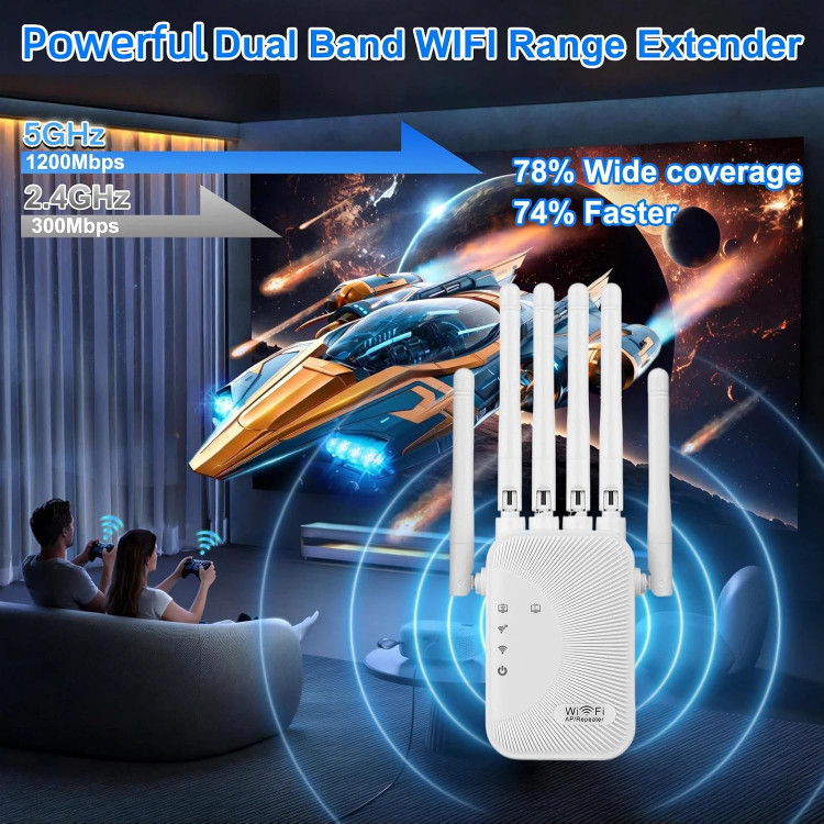ریپیتر و تقویتکننده وایفای Ourlife با سرعت 1200Mbps، آنتن قدرتمند و پوششدهی گسترده با دو باند 2.4GHz و 5GHz، شش آنتن و پورت LAN