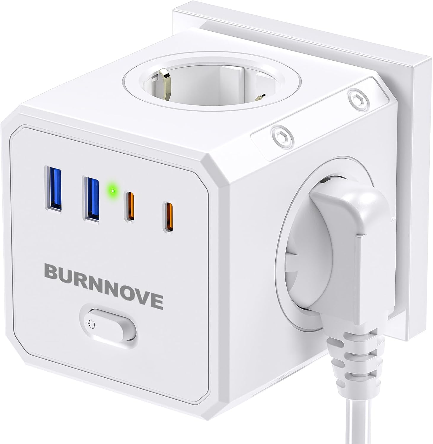 پاور استیشن رومیزی BURNNOVE با طراحی مکعبی (چندراهی برق مکعبی ) مدل 8 در 1 با توان 4000 وات، ۴ پریز برق، ۲ پورت USB-A و ۲ پورت USB-C