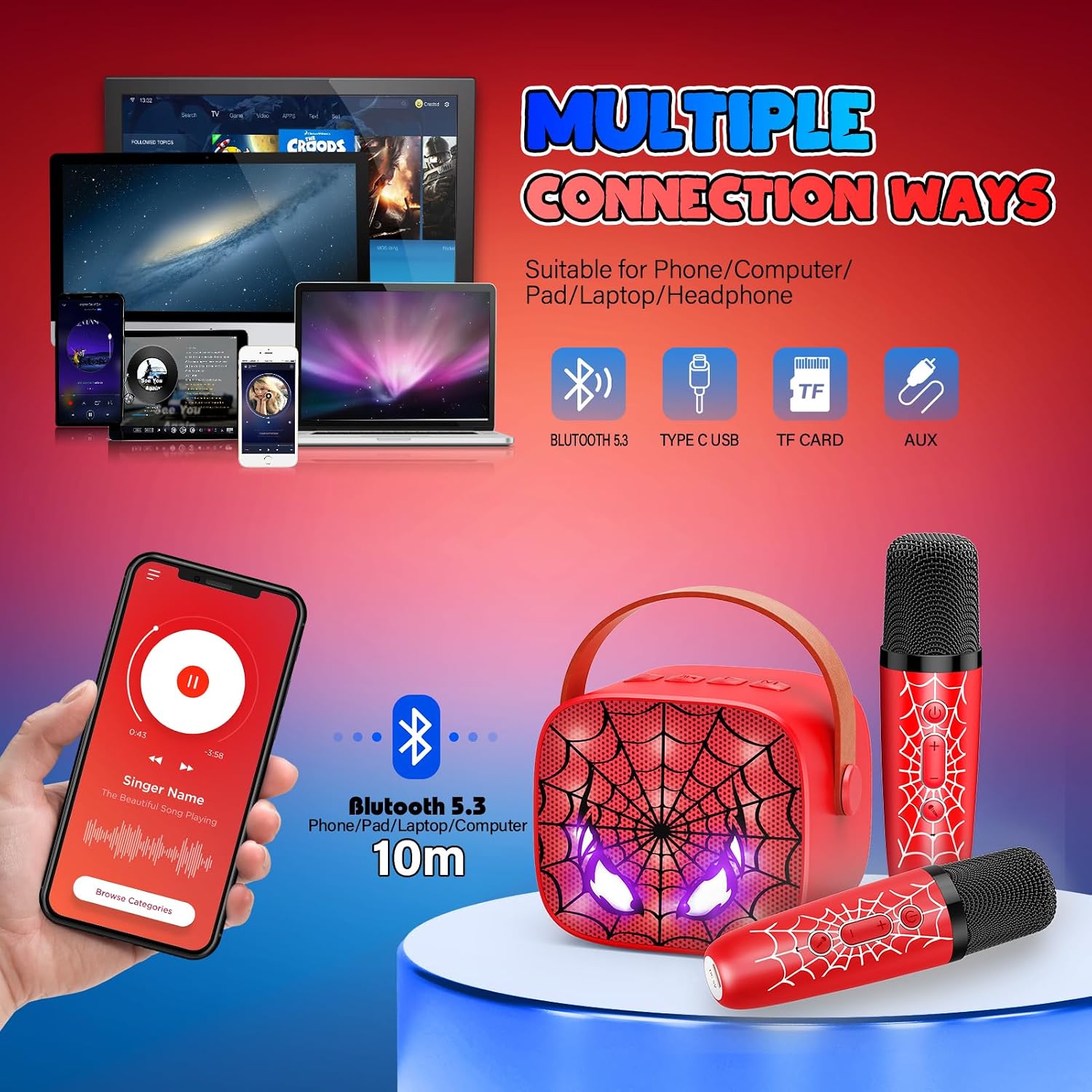 دستگاه کارائوکه کودک Webspidee با دو میکروفون بیسیم، اسپیکر بلوتوث، نور LED و تغییر صدا