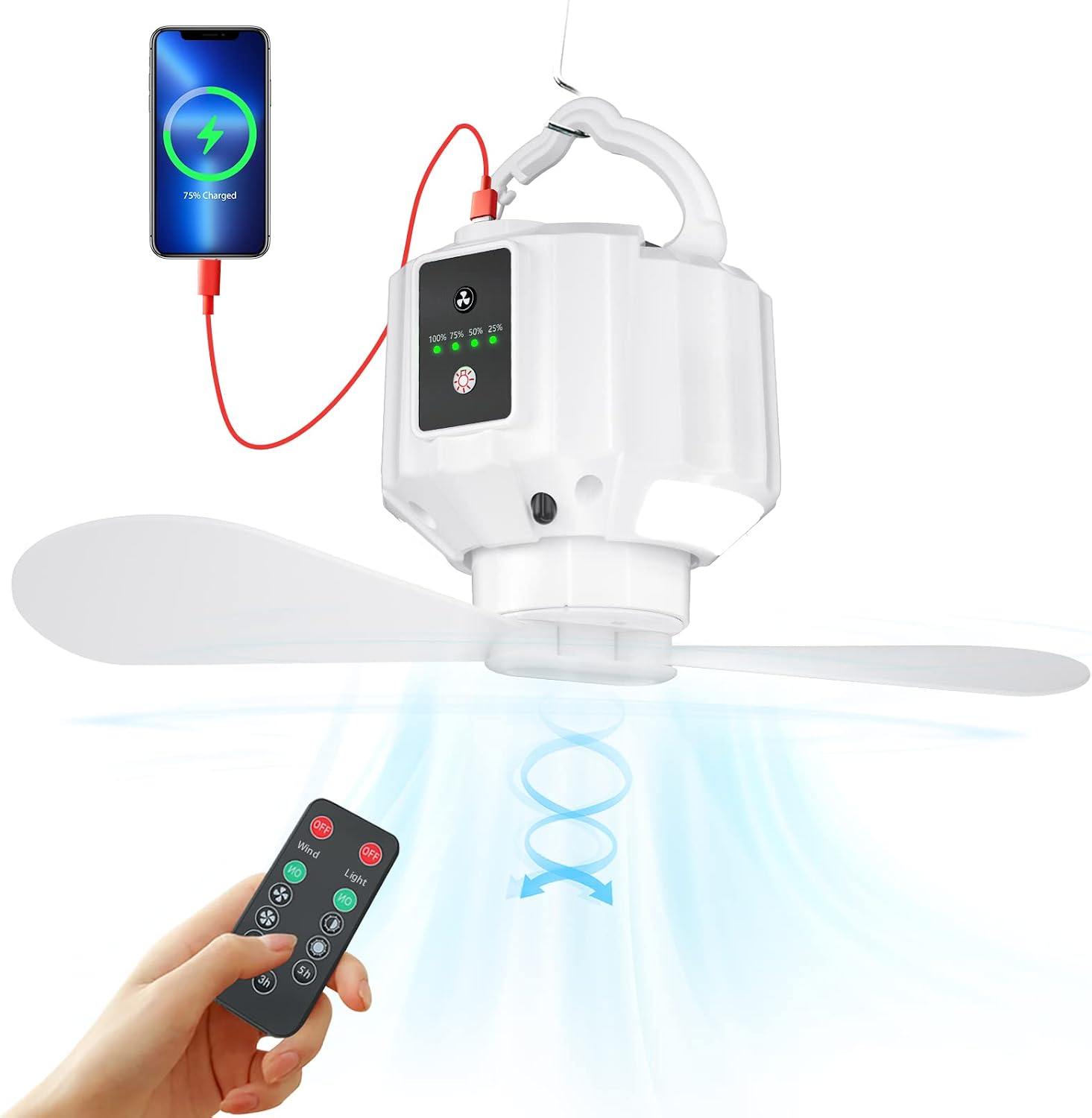 پنکه کمپینگ کممصرف Wastou مدل X15 با مصرف انرژی A+++، و چراغ LED، باتری شارژی، کنترل از راه دور و تایمر