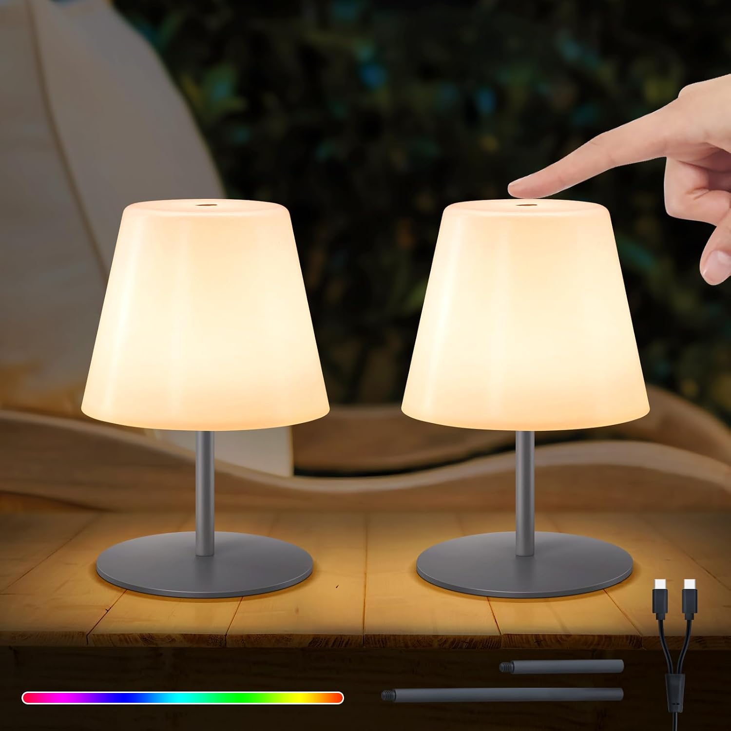 ست ۲ عددی چراغ رومیزی LED شارژی NiceBuy با کنترل لمسی، نور گرم و RGB، بیسیم و ضدآب IP44