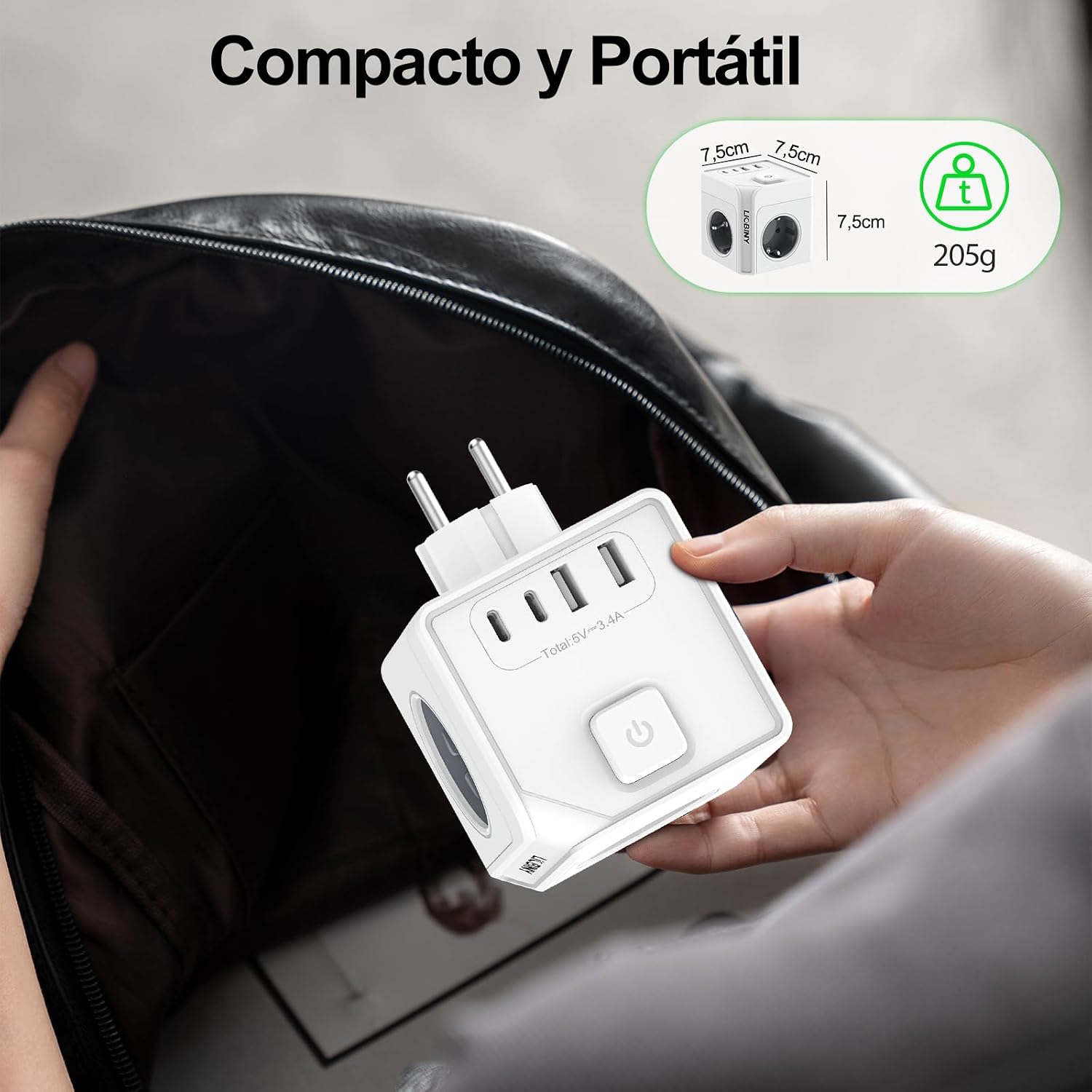 چندراهی برق مکعبی LIOBINY مدل 7 در 1 با ۳ پریز برق، ۴ خروجی USB، شارژر USB-C، توان 3680 وات و کلید روشن/خاموش