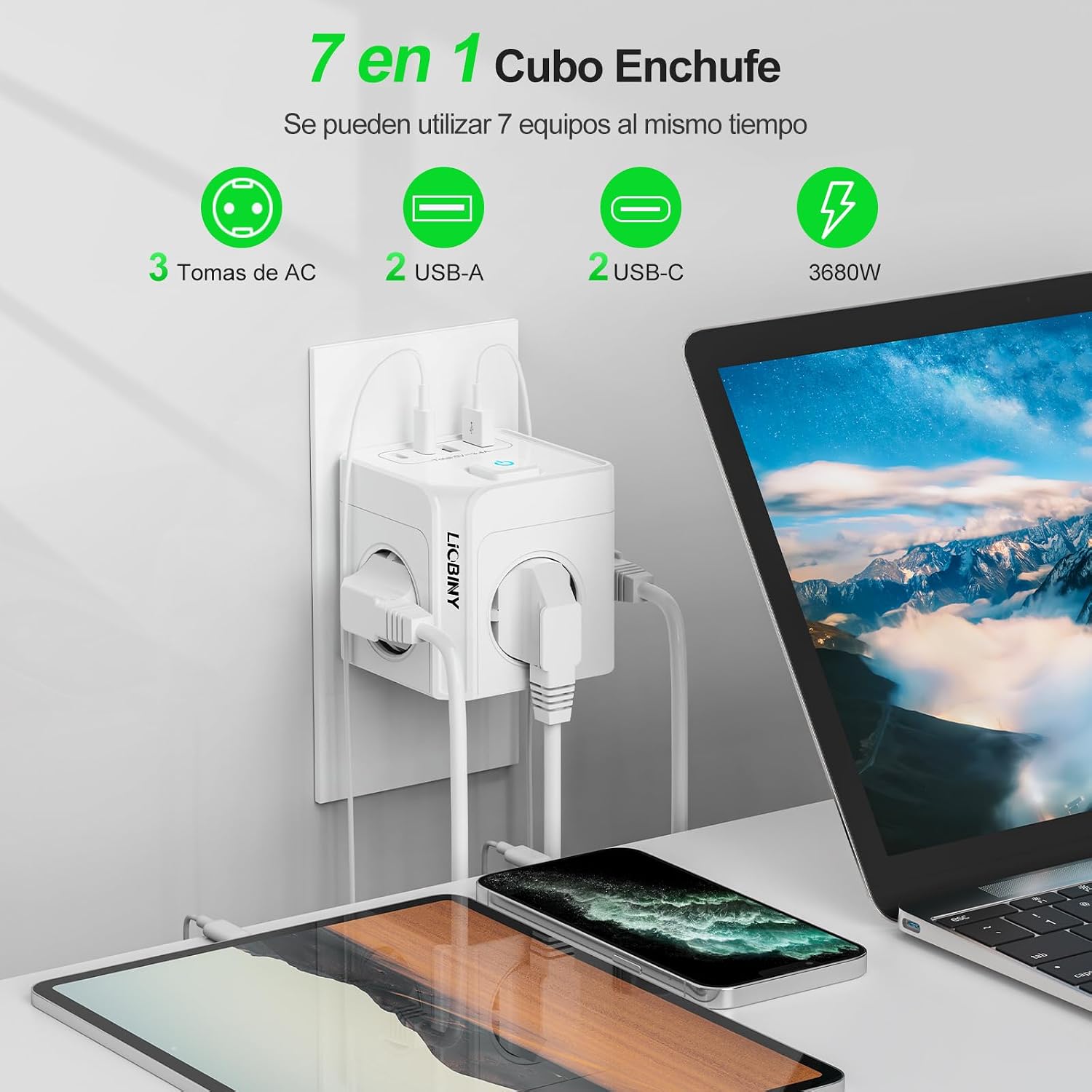 چندراهی برق مکعبی LIOBINY مدل 7 در 1 با ۳ پریز برق، ۴ خروجی USB، شارژر USB-C، توان 3680 وات و کلید روشن/خاموش