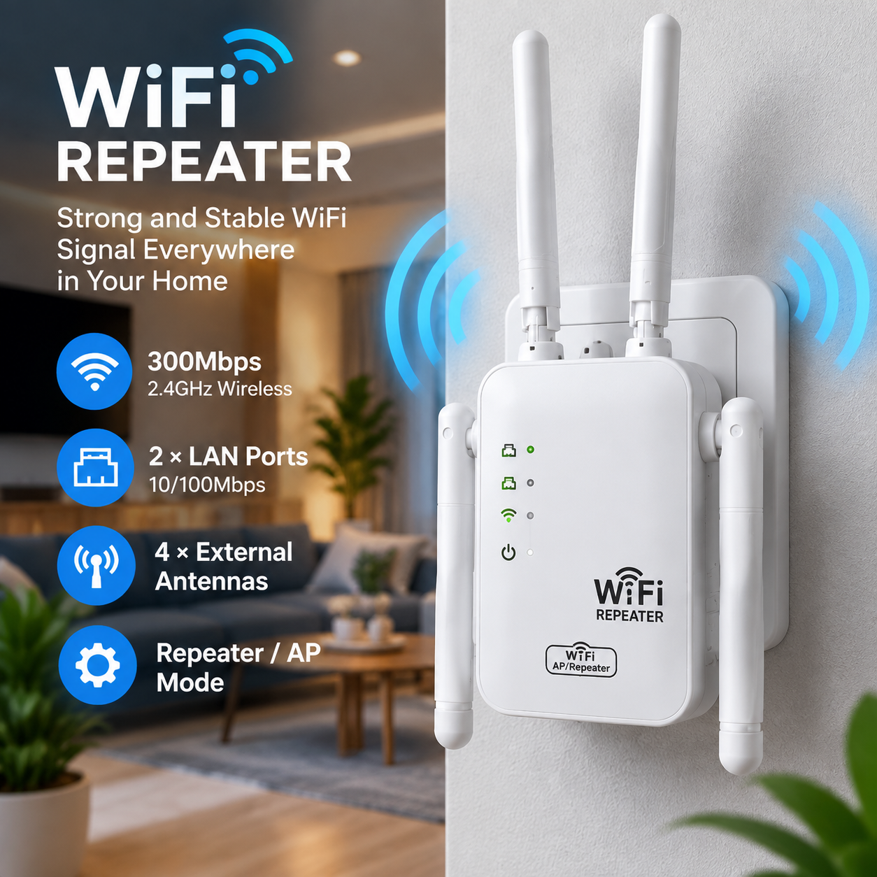 تقویتکننده وایفای 300Mbps مدل WiFi Repeater با فرکانس 2.4GHz، چهار آنتن خارجی و دو پورت LAN