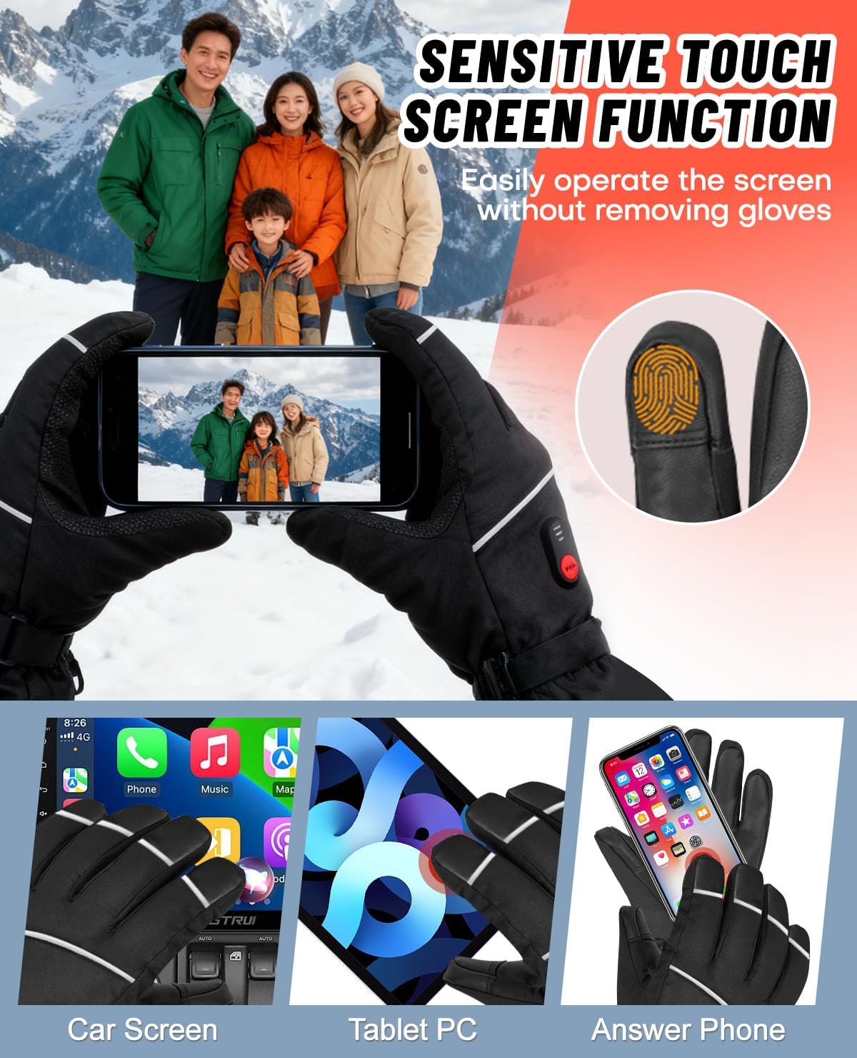 دستکش حرارتی قابل شارژ برای آقایان و خانمها، دستکش گرم کننده برقی USB با صفحه لمسی 7.4 ولت 6000 میلی آمپر ساعت، 3 سطح گرما، ضد آب و ضد باد برای ورزش در فضای باز، کوهنوردی، دوچرخه سواری، سایز S