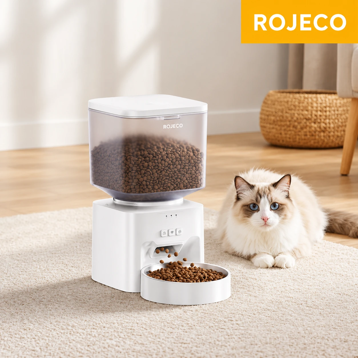 ظرف غذای اتوماتیک ۴.۵ لیتری ROJECO مدل mc-w01-w مخصوص حیوانات خانگی، دارای وای فای - دارای کنترل از راه دور