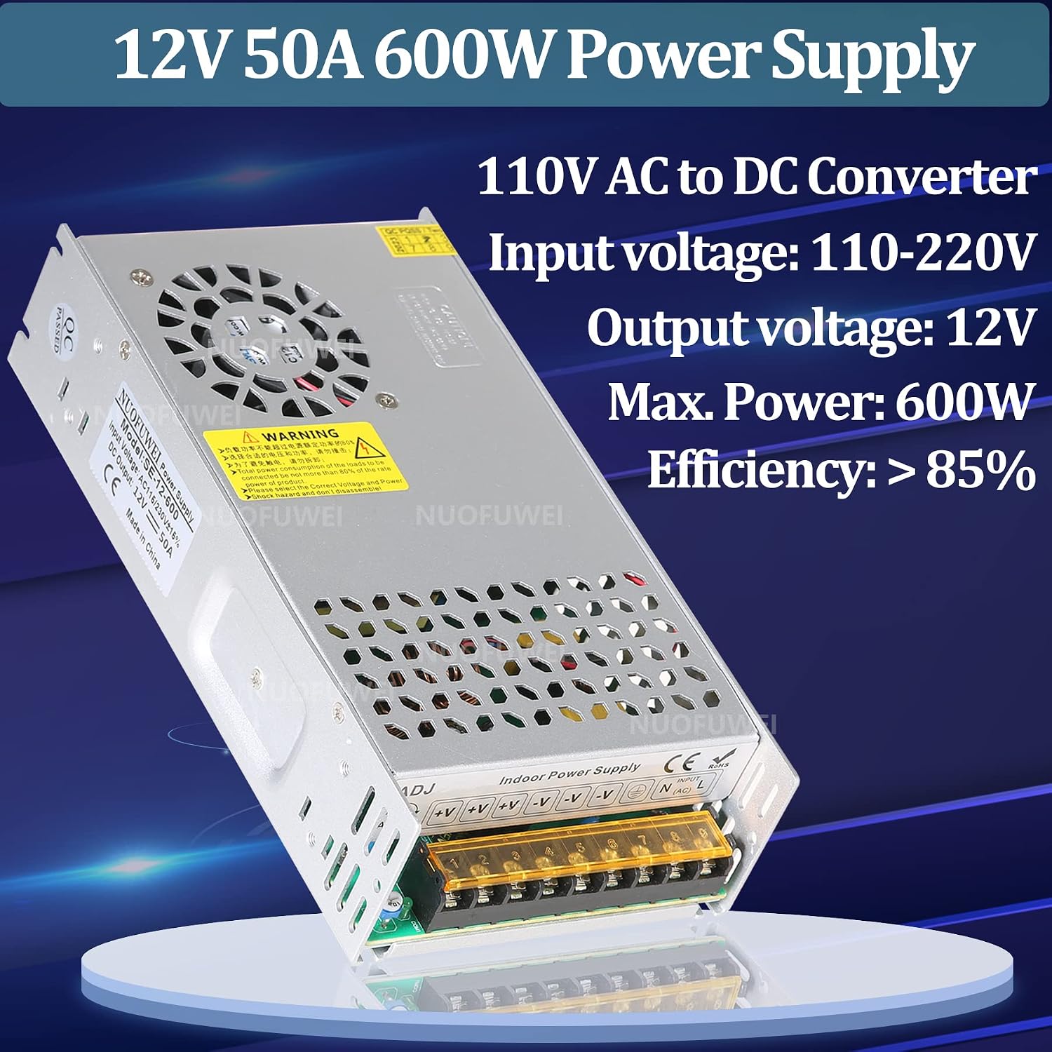 منبع تغذیه سوئیچینگ NUOFUWEI مدل 12V 50A 600W، تبدیلکننده برق AC به DC با فن خنککننده و حفاظت ایمنی مناسب دوربین مداربسته و تجهیزات صنعتی