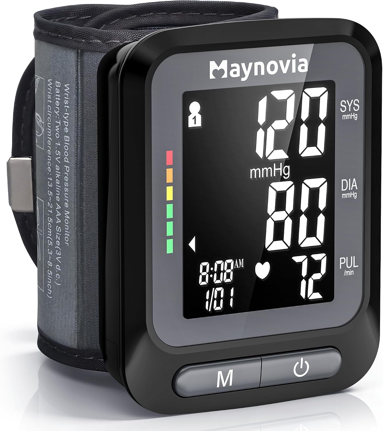 فشارسنج مچی دیجیتال Maynovia DBP-2253 | نمایشگر LCD نور پسزمینه، حافظه ۲ کاربره، مناسب منزل و سفر