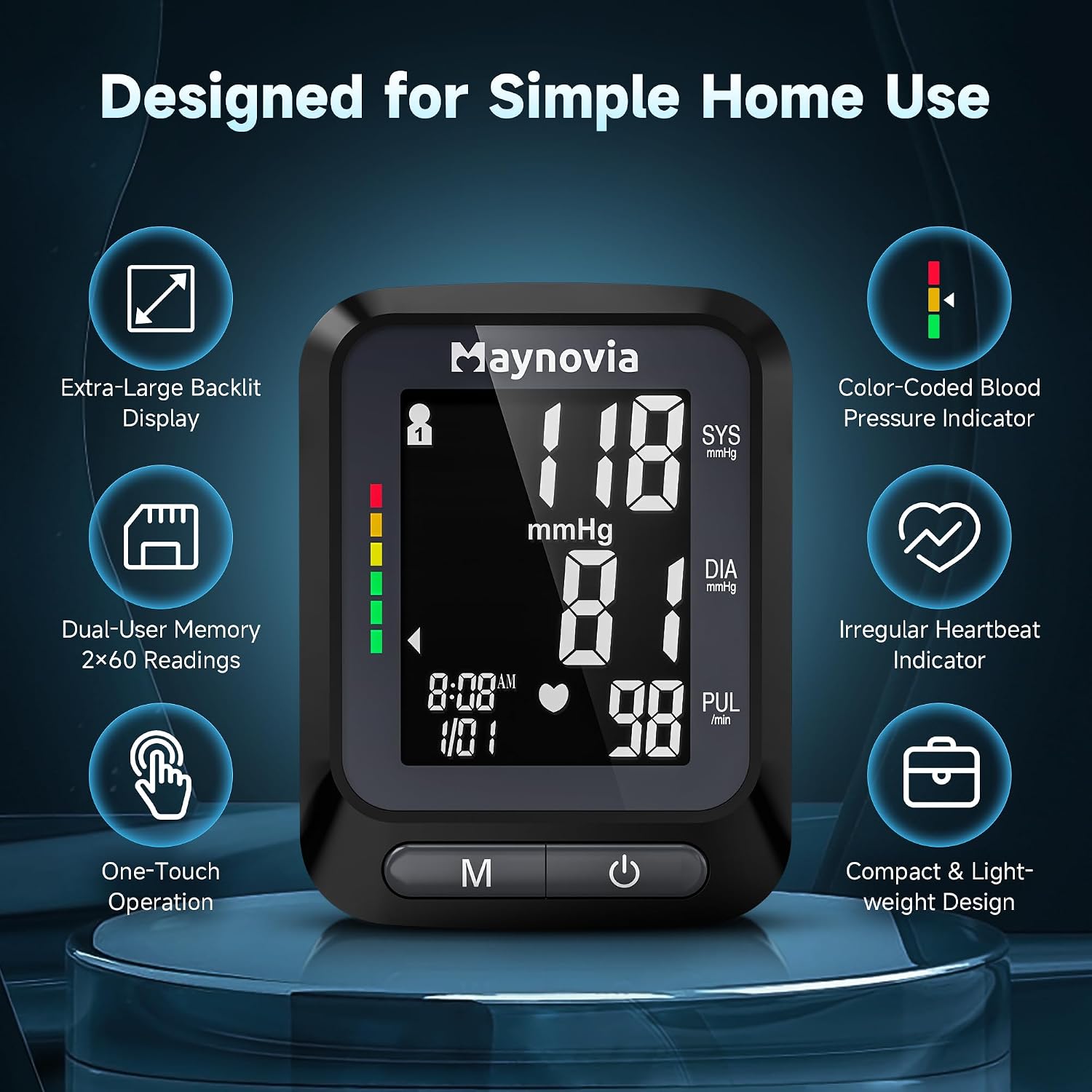 فشارسنج مچی دیجیتال Maynovia DBP-2253 | نمایشگر LCD نور پسزمینه، حافظه ۲ کاربره، مناسب منزل و سفر
