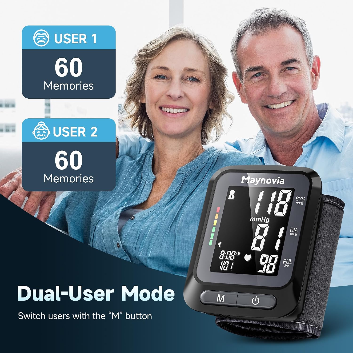 فشارسنج مچی دیجیتال Maynovia DBP-2253 | نمایشگر LCD نور پسزمینه، حافظه ۲ کاربره، مناسب منزل و سفر
