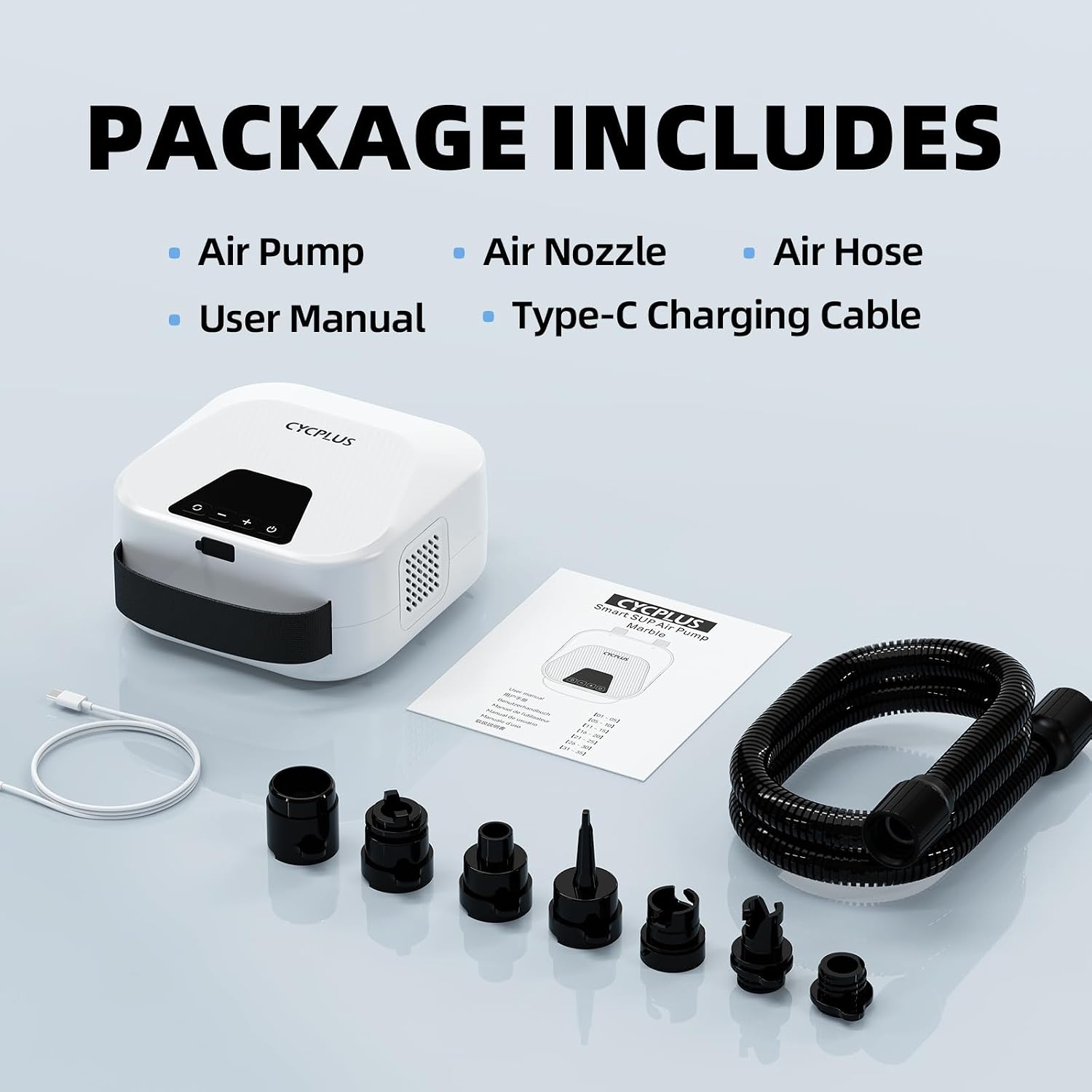 پمپ باد برقی هوشمند CYCPLUS 20PSI | شارژی با قابلیت باد و تخلیه هوا، نمایشگر دیجیتال فشار، مناسب تخته SUP، چادر و تشک بادی