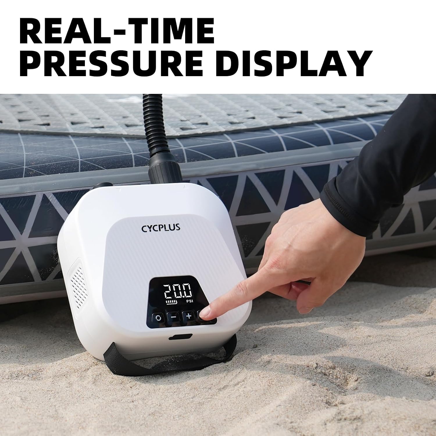 پمپ باد برقی هوشمند CYCPLUS 20PSI | شارژی با قابلیت باد و تخلیه هوا، نمایشگر دیجیتال فشار، مناسب تخته SUP، چادر و تشک بادی