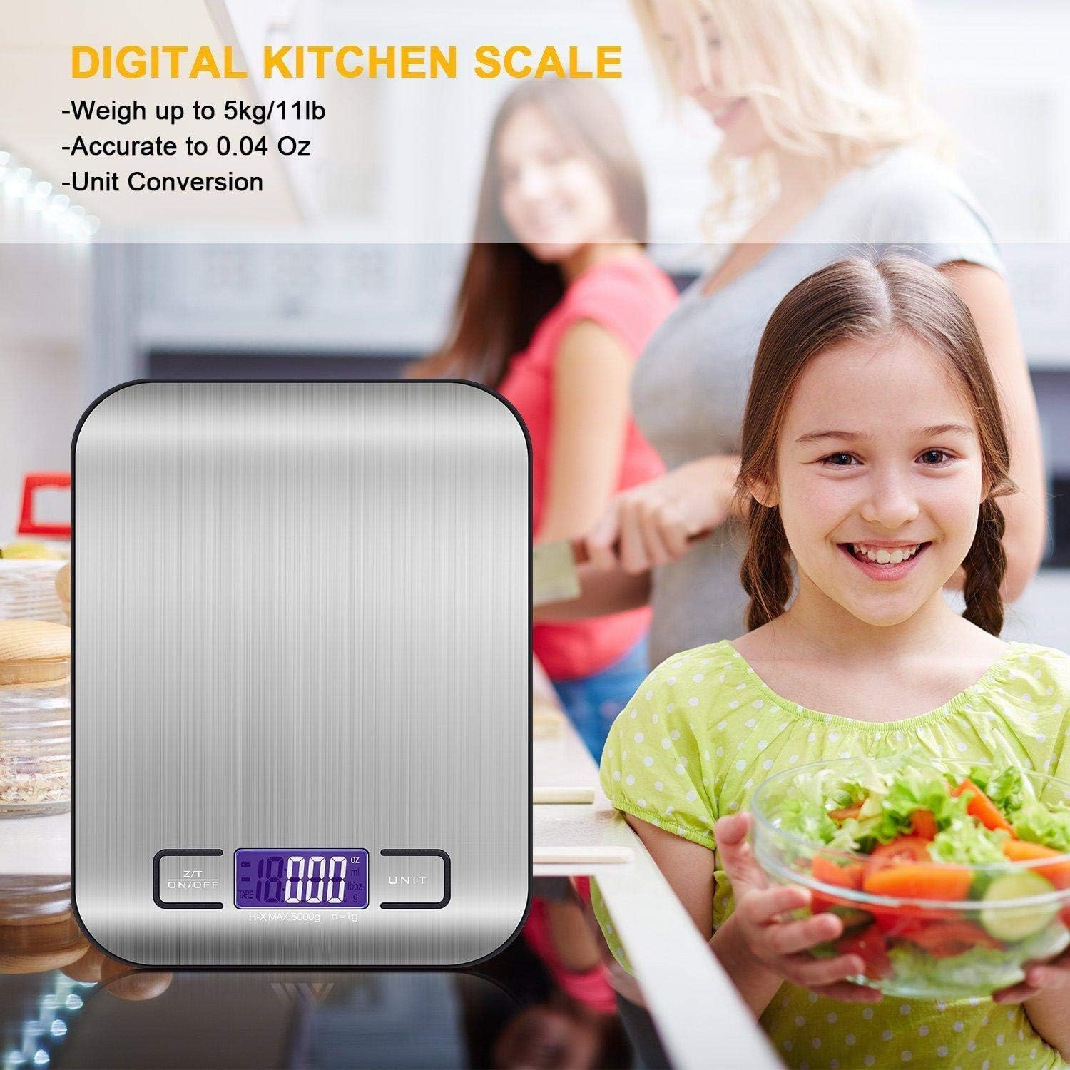 ترازو دیجیتال آشپزخانه AMERTEER | ترازوی دقیق مواد غذایی با بدنه استیل، نمایشگر LCD، قابلیت تبدیل واحد و عملکرد Tare