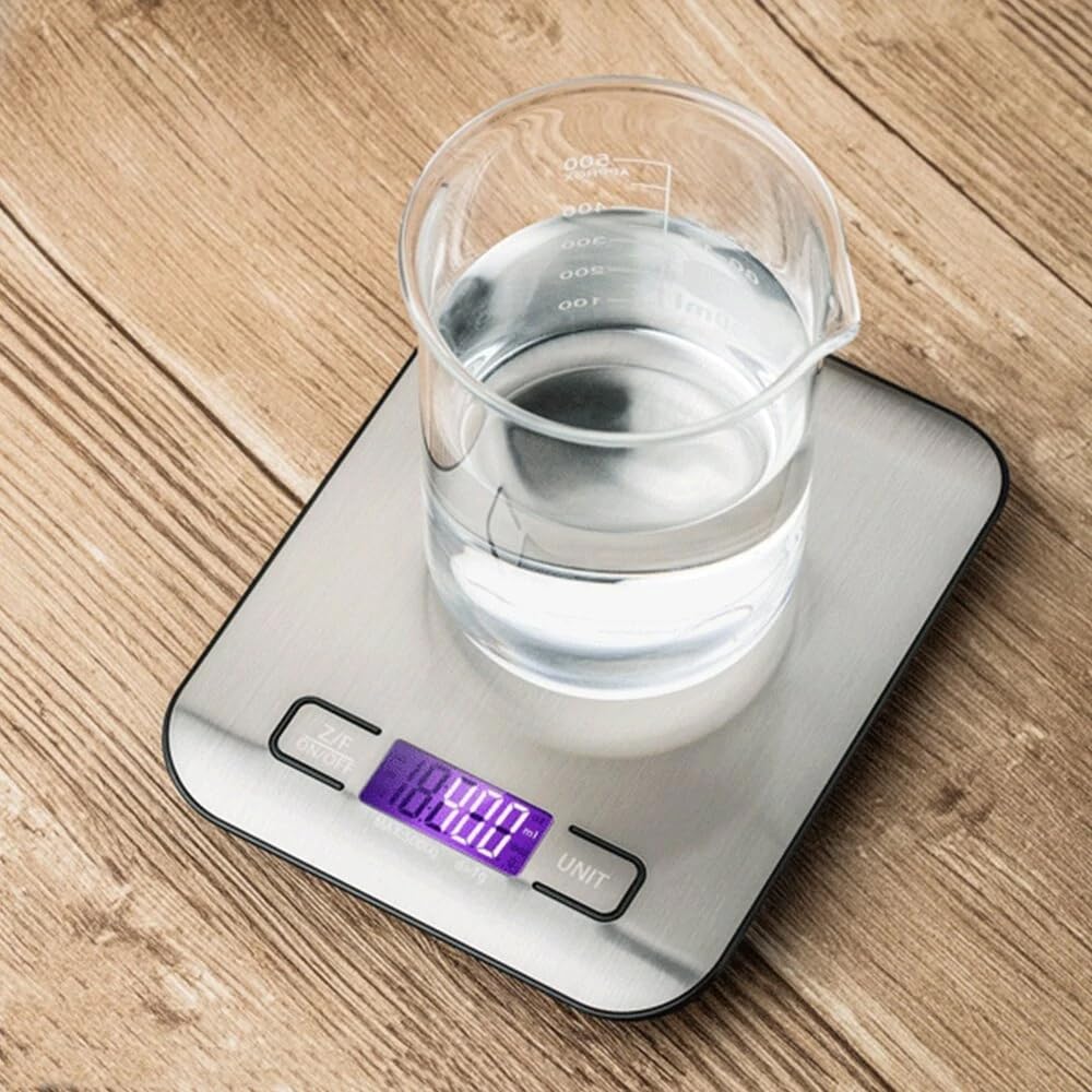 ترازو دیجیتال آشپزخانه AMERTEER | ترازوی دقیق مواد غذایی با بدنه استیل، نمایشگر LCD، قابلیت تبدیل واحد و عملکرد Tare