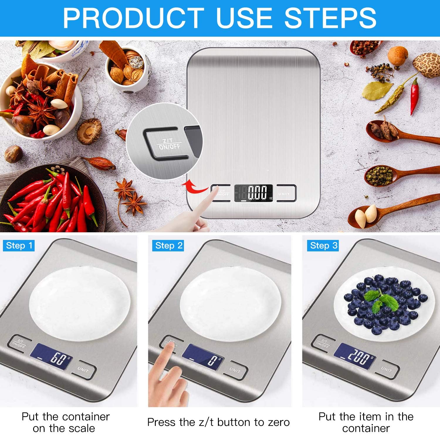 ترازو دیجیتال آشپزخانه AMERTEER | ترازوی دقیق مواد غذایی با بدنه استیل، نمایشگر LCD، قابلیت تبدیل واحد و عملکرد Tare
