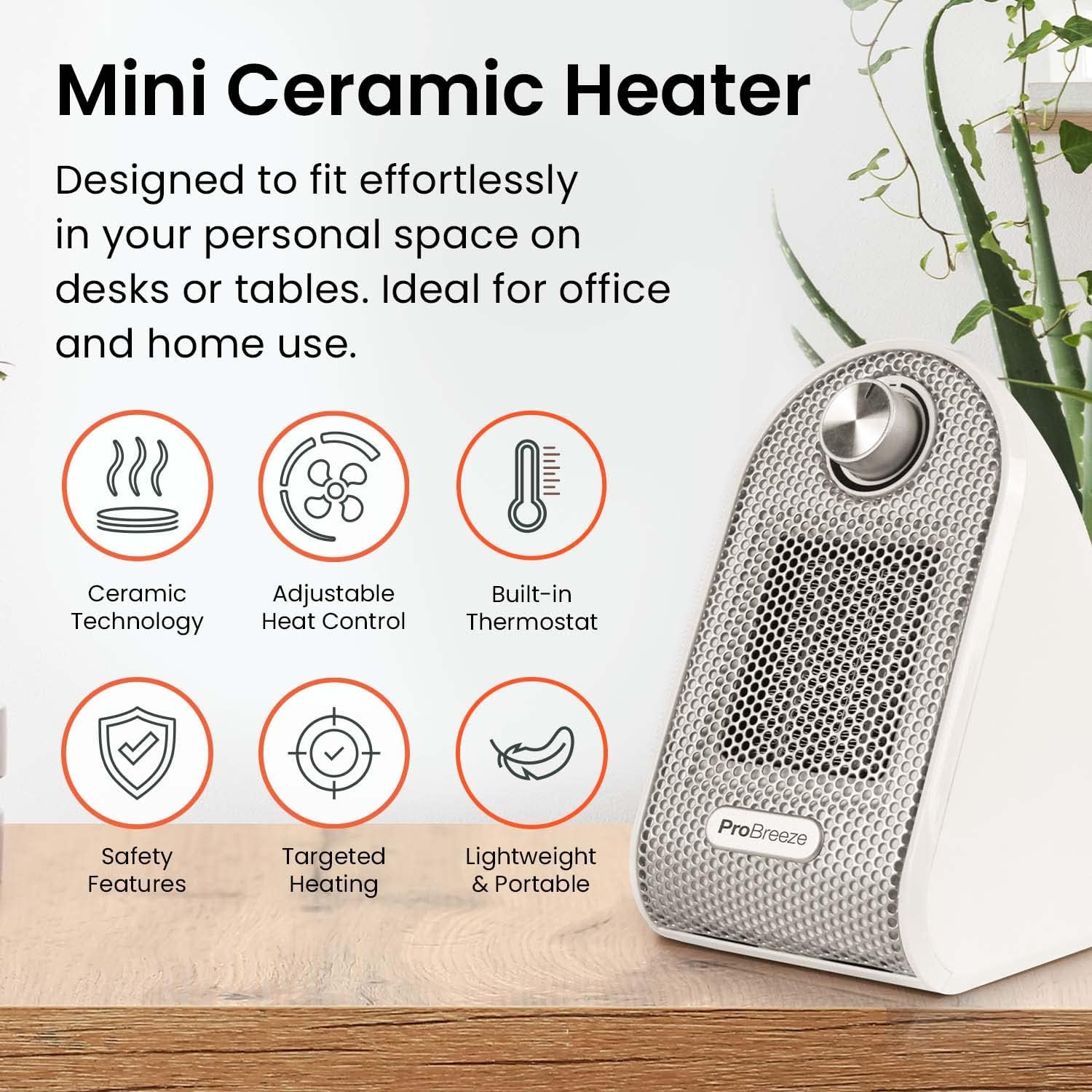 بخاری برقی کوچک Pro Breeze مدل 500W | هیتر سرامیکی رومیزی قابل حمل با ترموستات قابل تنظیم و سیستم ایمنی