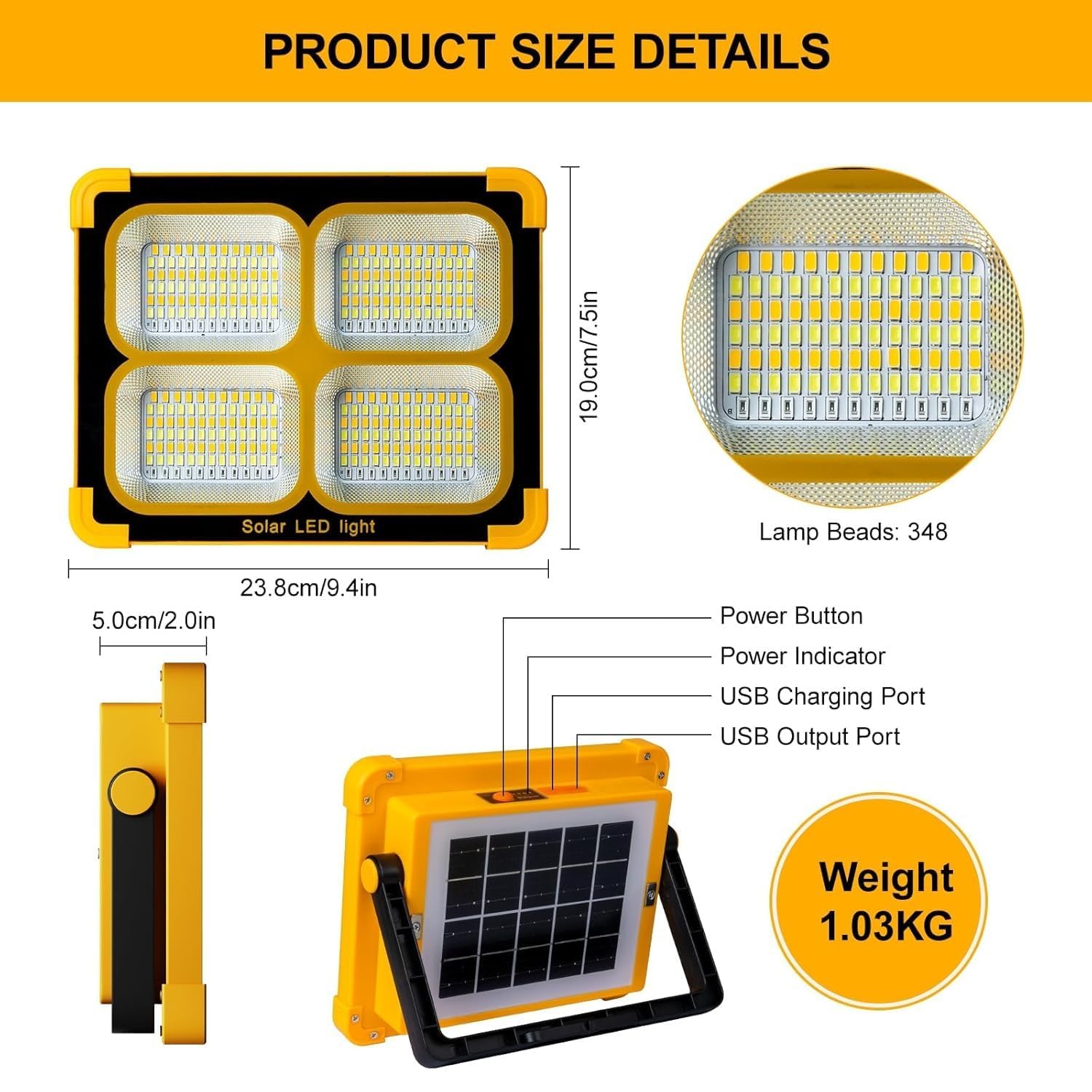پروژکتور LED خورشیدی ErayLife مدل 100W | چراغ کار شارژی قابل حمل با پاوربانک، باتری پرقدرت و ضدآب IP66