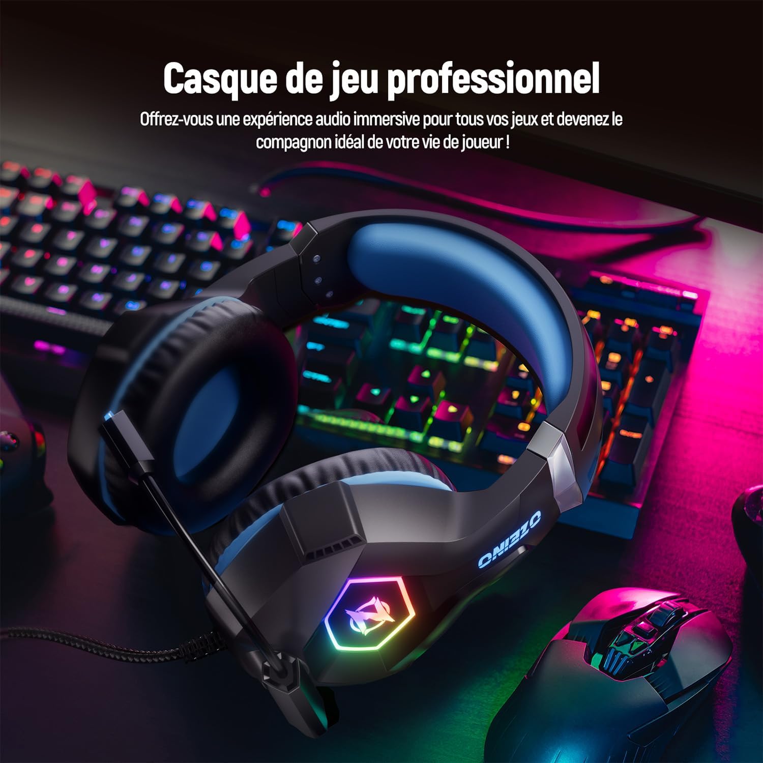 هدست گیمینگ Ozeino مدل ZW1 | هدفون مخصوص بازی با نور RGB، درایور ۵۰ میلیمتری، میکروفون حذف نویز و صدای استریو