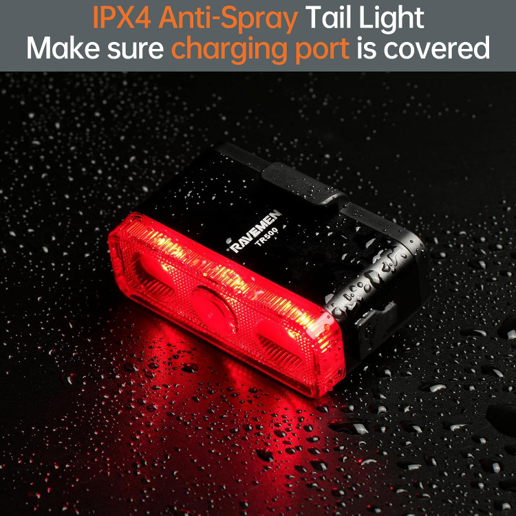 چراغ عقب دوچرخه RAVEMEN TR500 با قدرت 500 لومن، سنسور ترمز و شارژ USB-C | چراغ ایمنی شب و روز