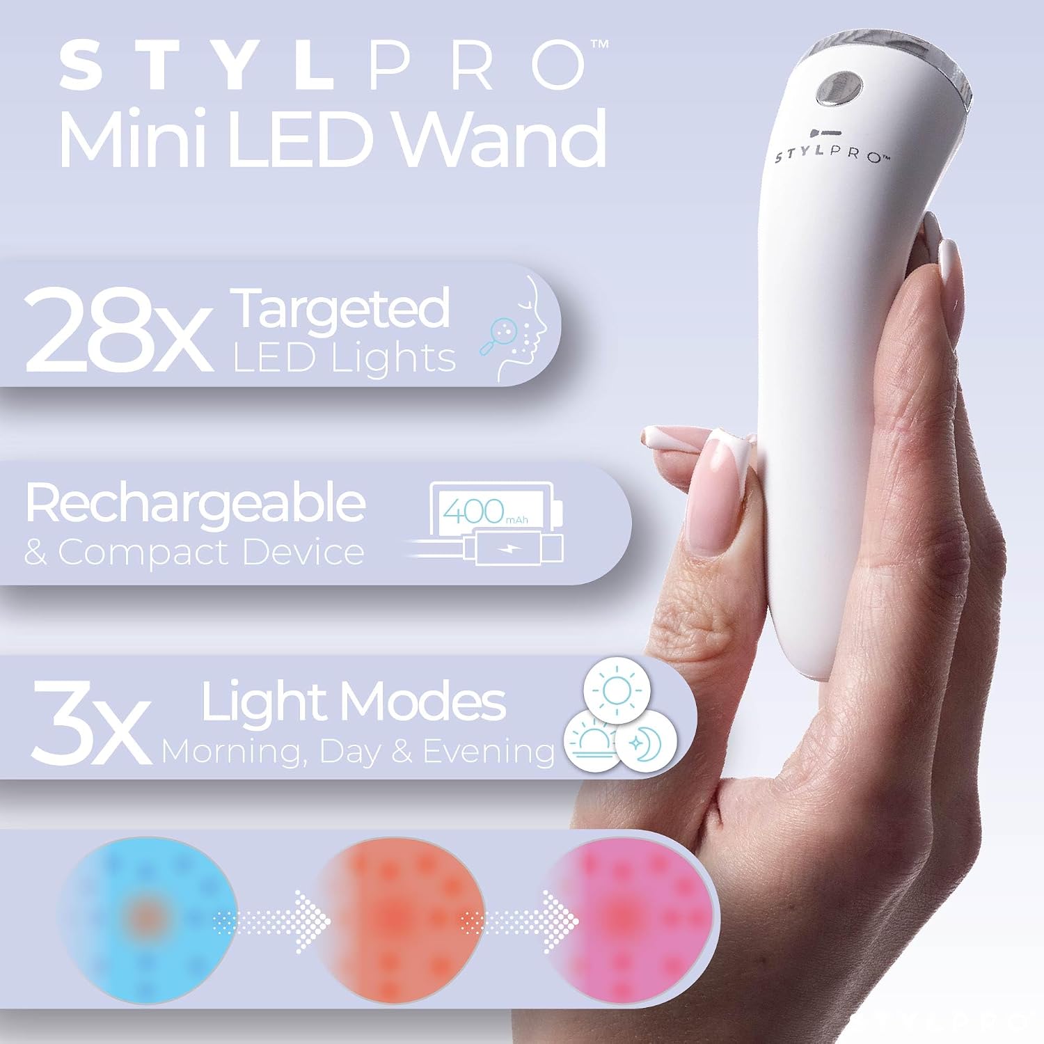 دستگاه نوردرمانی LED پوست STYLPRO Mini Magic Wand مدل آبی، قرمز و مادون قرمز برای درمان جوش و جوانسازی پوست