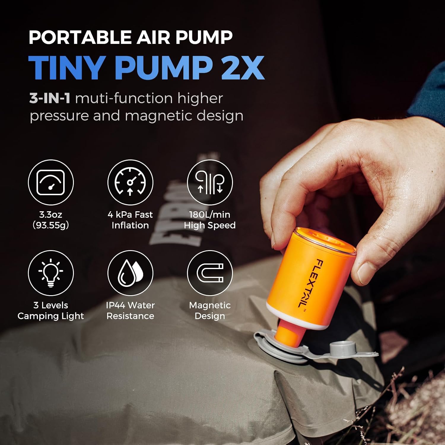 پمپ باد شارژی مینی FLEXTAILGEAR Tiny Pump 2X با چراغ LED، باتری 1300mAh و 5 نازل کاربردی