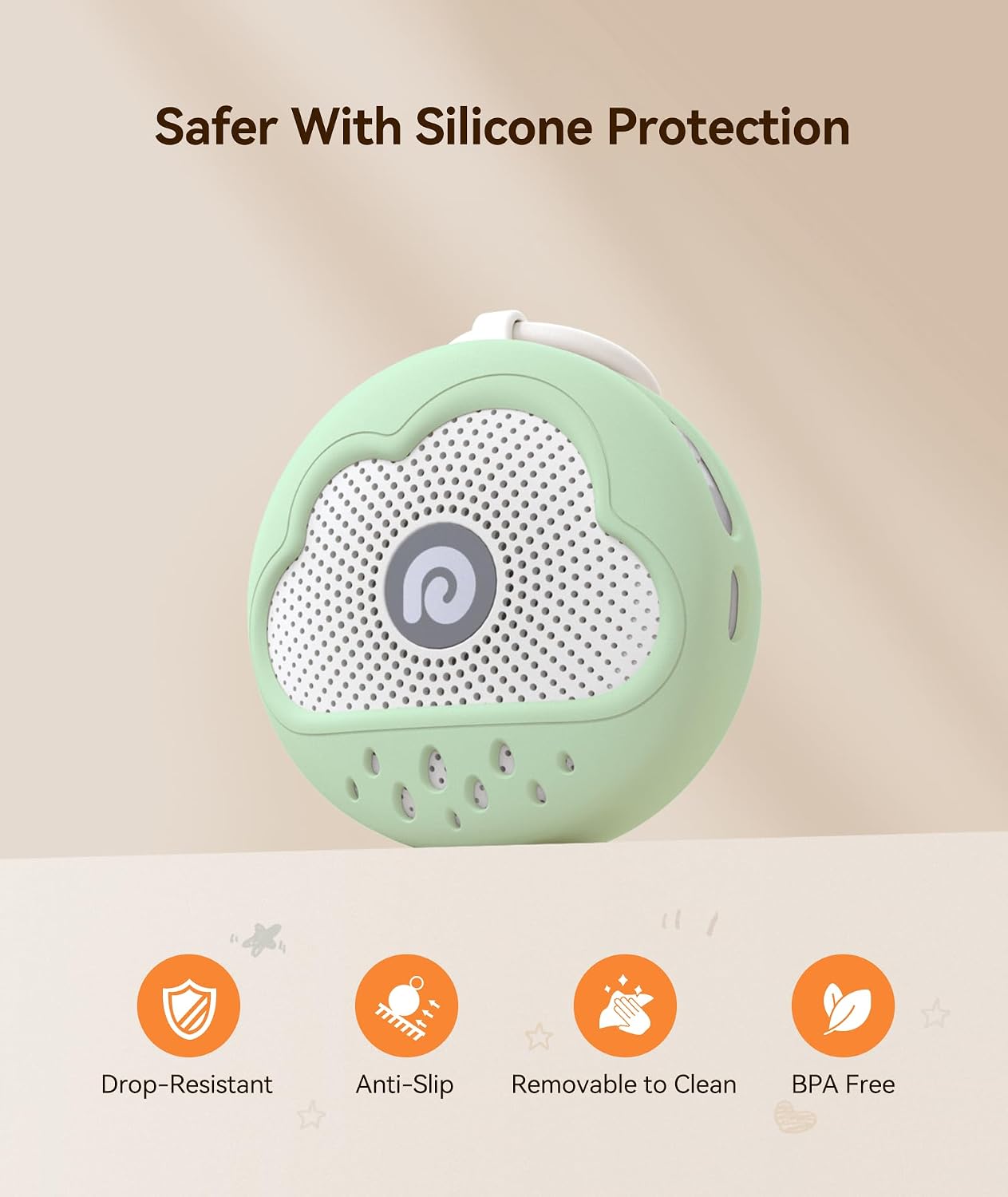 دستگاه تولید نویز سفید +Dreamegg D11 Max مخصوص نوزاد؛ دارای روکش سیلیکونی ایمن و فاقد BPA، شامل ۲۱ صدای آرامشبخش، مقاوم در برابر ضربه و سقوط (مناسب برای نوزادان پرتحرک) و ایدهآل برای استفاده در کالسکه هنگام سفر. -- رنگ سفید
