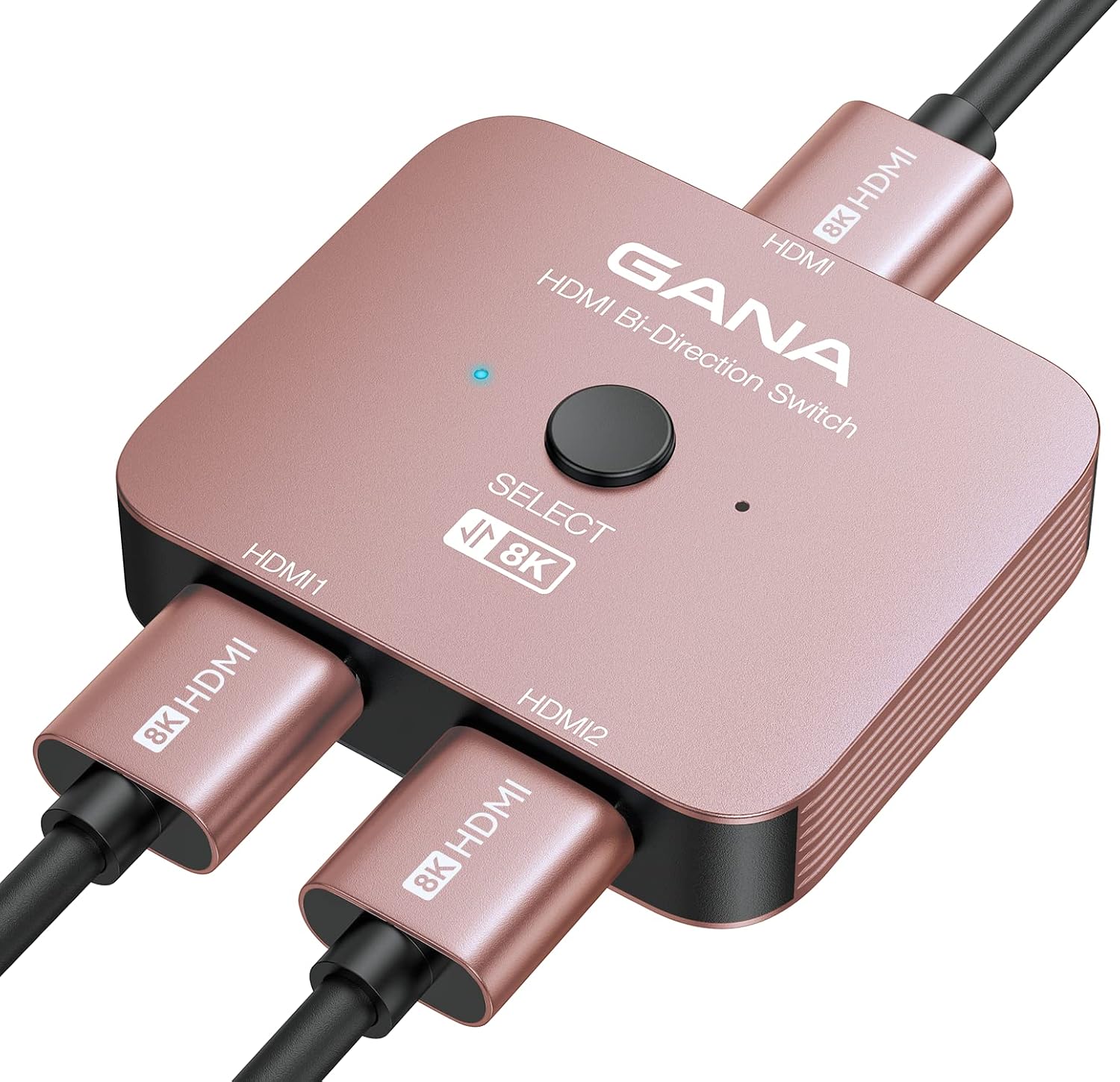 سوئیچ HDMI 2.1 برند GANA؛ سوئیچ و اسپلیتر دوطرفه (Bi-Directional) با قابلیت اتصال ۲ ورودی به ۱ خروجی، پشتیبانی از رزولوشن‌های 4K@120Hz و 8K@60Hz و پهنای باند 48Gbps؛ هاب HDMI آلومینیومی Ultra HD سازگار با PS5/4، Xbox، Roku، Apple TV و Fire Stick.
