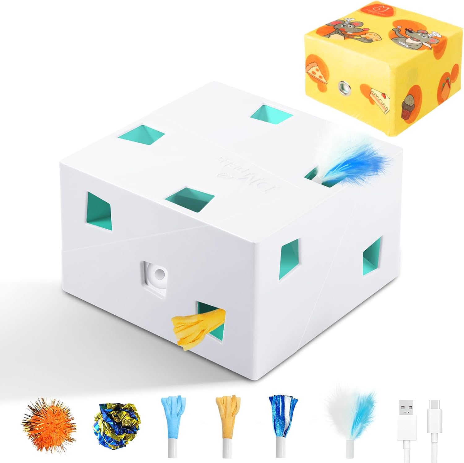 اسباب‌بازی هوشمند گربه Migipaws مدل MigiBox Plus، بازی تعاملی شکار، مخفی و بیرون آمدن پر، قابل شارژ USB-C