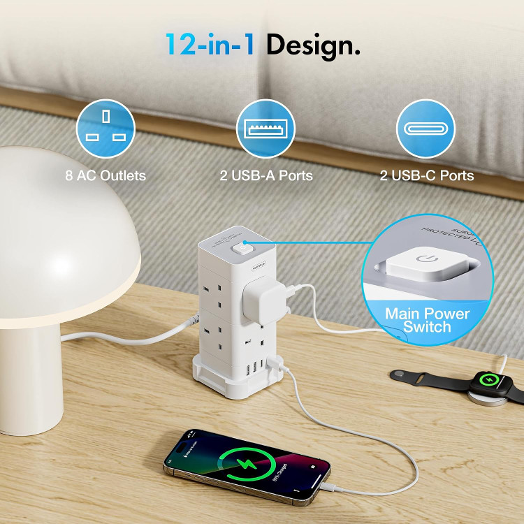 چندراهی برق ایستاده VonHaus با ۸ پریز، محافظ برق، پورت USB و USB-C شارژ سریع
