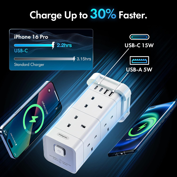 چندراهی برق ایستاده VonHaus با ۸ پریز، محافظ برق، پورت USB و USB-C شارژ سریع