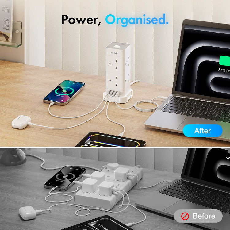 چندراهی برق ایستاده VonHaus با ۸ پریز، محافظ برق، پورت USB و USB-C شارژ سریع