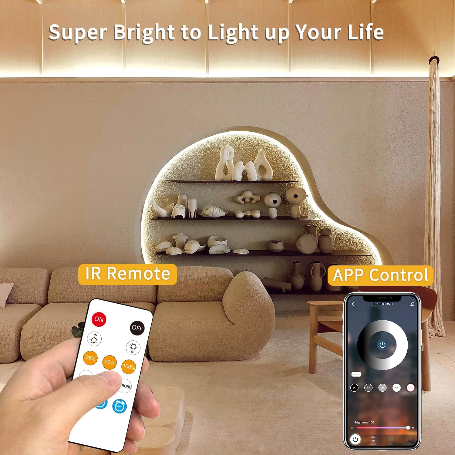 نوار LED COB ییوِیل 100 فوت، نور گرم 3000K با کنترل ریموت و اپلیکیشن، قابل تنظیم شدت نور