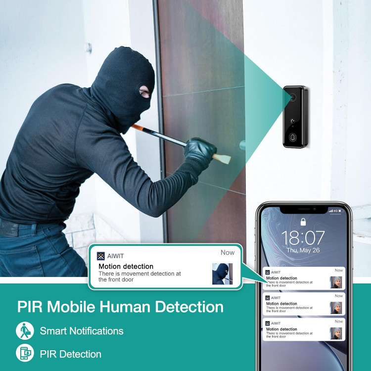 زنگ درب هوشمند بیسیم با دوربین 1080P، تشخیص حرکت، مکالمه دوطرفه و ضدآب IP65
