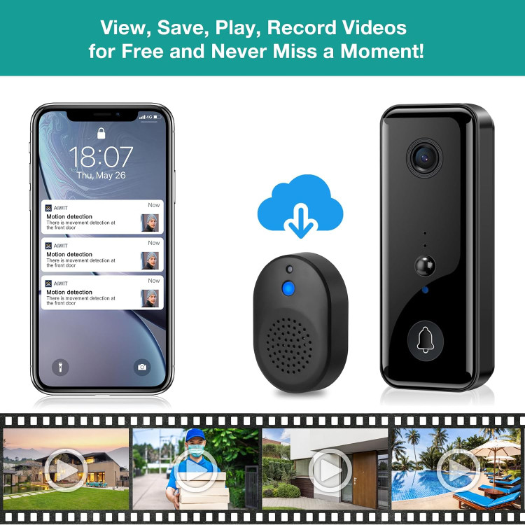 زنگ درب هوشمند بیسیم با دوربین 1080P، تشخیص حرکت، مکالمه دوطرفه و ضدآب IP65