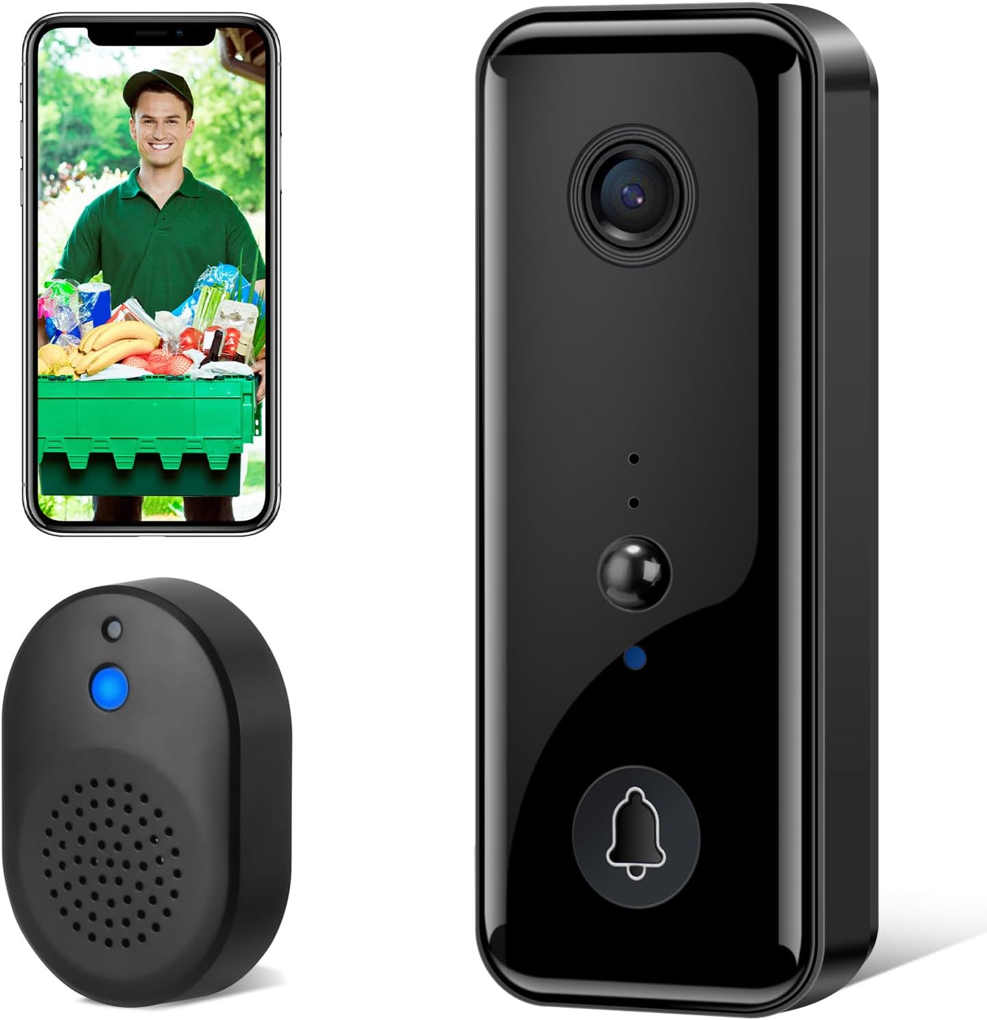 زنگ درب هوشمند بی‌سیم با دوربین 1080P، تشخیص حرکت، مکالمه دوطرفه و ضدآب IP65