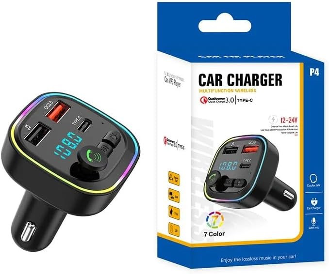 شارژر فندکی بلوتوثی خودرو P4 با فرستنده FM، شارژ سریع QC3.0، پخش MP3 و هندزفری