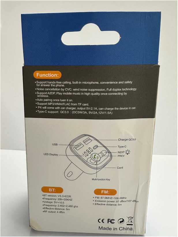 شارژر فندکی بلوتوثی خودرو P4 با فرستنده FM، شارژ سریع QC3.0، پخش MP3 و هندزفری