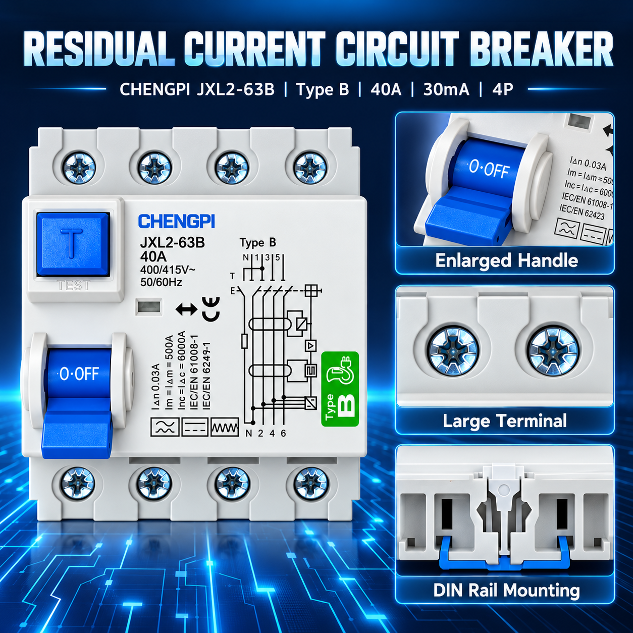کلید محافظ جان RCD چهار پل Type B، جریان 40 آمپر، حساسیت 30mA مناسب تابلو برق و ایستگاه شارژ
