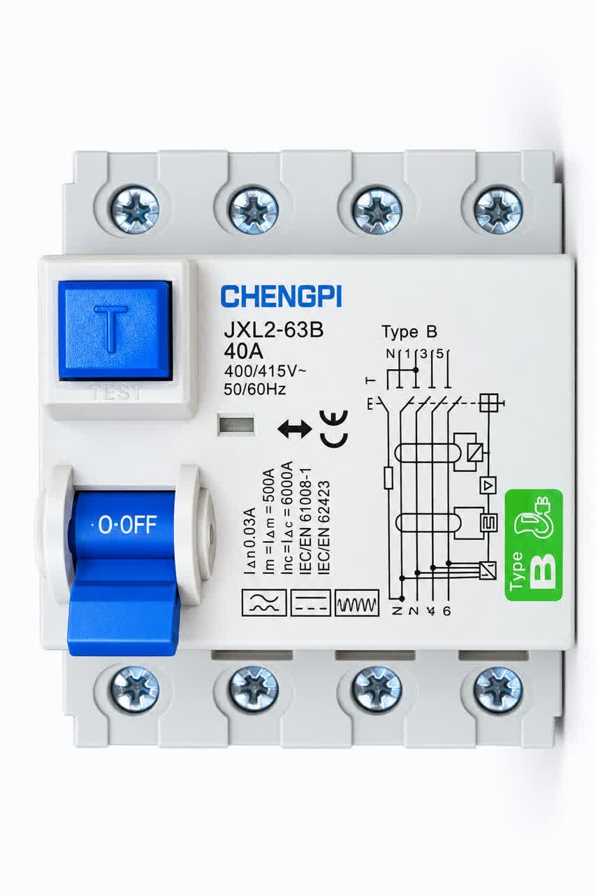 کلید محافظ جان RCD چهار پل Type B، جریان 40 آمپر، حساسیت 30mA مناسب تابلو برق و ایستگاه شارژ