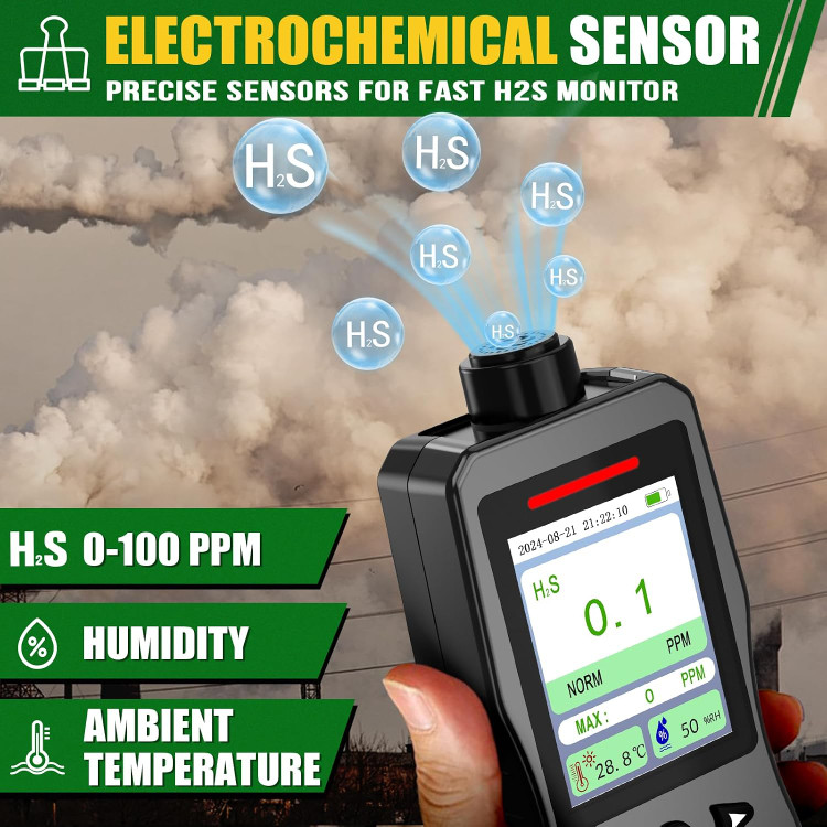 نشت یاب گاز - آشکارساز گیرهای H2S (محدوده ۰ تا ۱۰۰ پیپیام)، دستگاه قابلحمل سنجش سولفید هیدروژن با ۳ حالت هشدار، عمر باتری طولانی (۱۶ ساعت)، و قابلیت سنجش دما و رطوبت