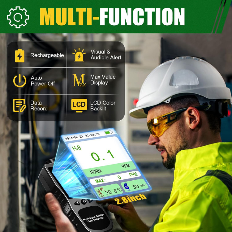 نشت یاب گاز - آشکارساز گیرهای H2S (محدوده ۰ تا ۱۰۰ پیپیام)، دستگاه قابلحمل سنجش سولفید هیدروژن با ۳ حالت هشدار، عمر باتری طولانی (۱۶ ساعت)، و قابلیت سنجش دما و رطوبت