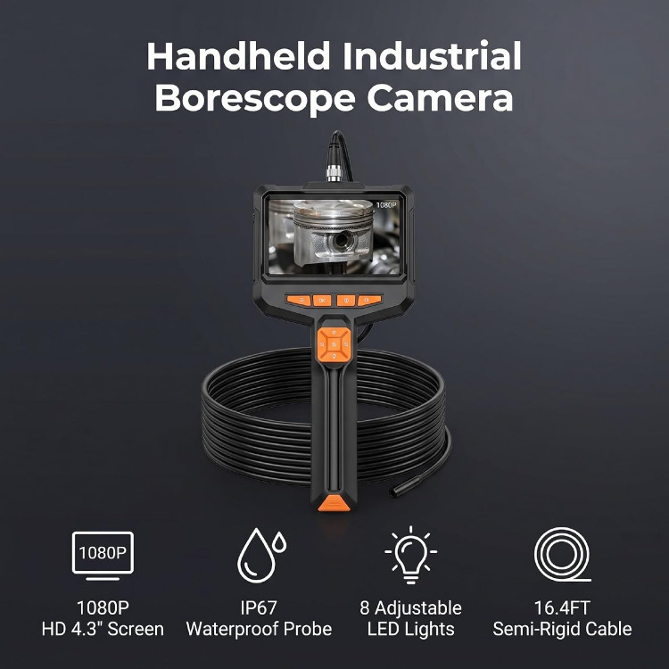 دوربین آندوسکوپی (بوراسکوپ) Jiawu با کیفیت 1080P، صفحه نمایش ۴.۳ اینچی و ۸ چراغ LED قابل تنظیم، مناسب برای بازرسی و تعمیرات خانگی