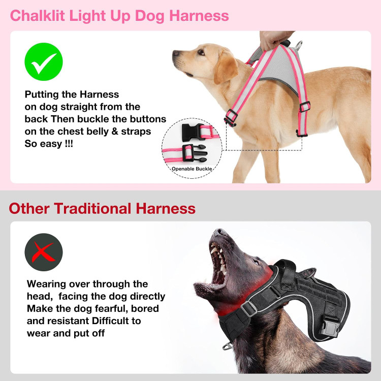 قلاده هارنس LED سگ ChalkLit مدل شبتاب | قلاده ضدکشیدگی قابل تنظیم با نور ۳۶۰ درجه و شارژ USB (سایز L، رنگ صورتی)