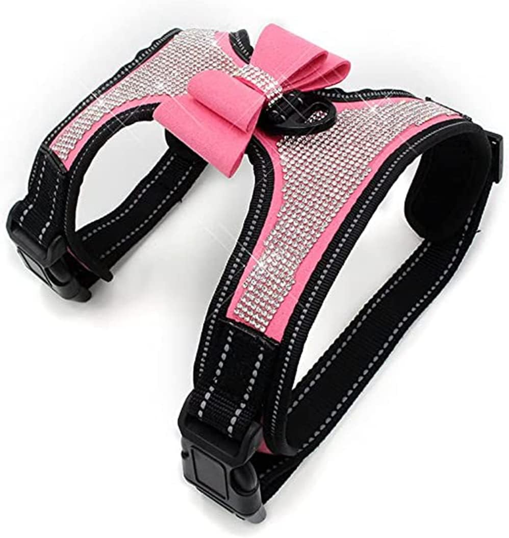 هارنس سگ نگین‌دار HimyBB مدل پاپیونی | قلاده سینه‌ای براق و رفلکتیو با بند قلاده برای سگ‌های کوچک (سایز XS، رنگ صورتی)
