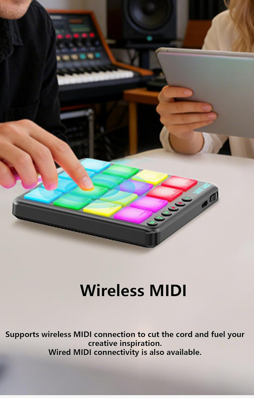 پدهای کنترلر MIDI بیسیم و جمعوجور؛ کنترلر پد کوچک برای ساخت بیت و اجرای دیجی؛ دارای ۱۶ پد RGB حساس به شدت ضربه (Velocity) و قابلیت Aftertouch؛ پشتیبانی از بلوتوث و USB MIDI.